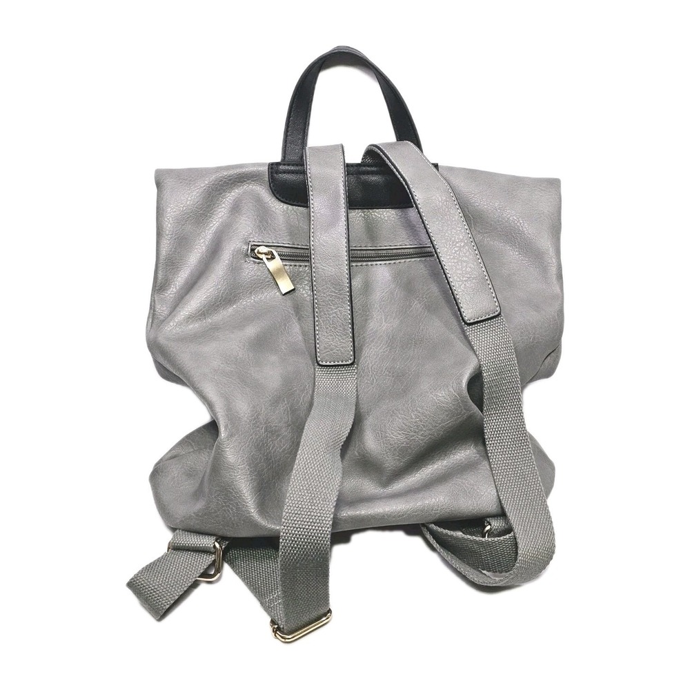 Grey Faux Leather Fold Over Bucket Shoulder Convertible Backpack Purse 6 Pocket - Picture 2 of 10